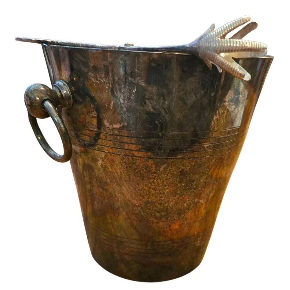 Vintage Silver-Plated Ice Bucket With Bird Foot Tongs Set K&M England CM2130